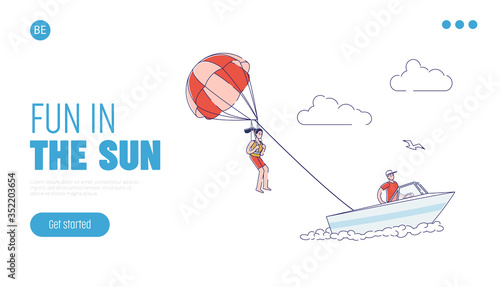 Seaside vacation activity banner with girl parasailing in sky. Template landing page design