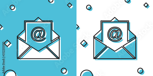 Black Mail and e-mail icon isolated on blue and white background. Envelope symbol e-mail. Email message sign. Random dynamic shapes. Vector Illustration