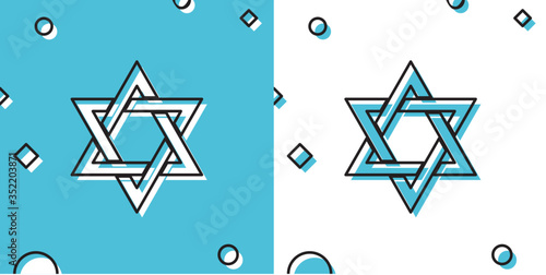 Black Star of David icon isolated on blue and white background. Jewish religion symbol. Random dynamic shapes. Vector Illustration