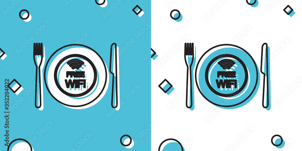 Black Restaurant Free Wi-Fi zone icon isolated on blue and white background. Plate, fork and knife sign. Random dynamic shapes. Vector Illustration Black Restaurant Free Wi-Fi zone icon isolated on blue and white background. Plate, fork and knife sign. Random dynamic shapes. Vector Illustration