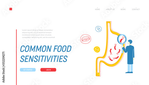 Gastroenterology, Health, Medicine and Healthcare Landing Page Template. Doctor Character with Huge Magnifying Glass Learning Sick Stomach with Helicobacter Disease. Linear People Vector Illustration