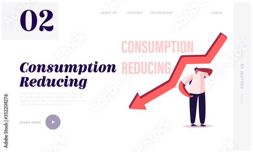 Consumption Reducing, Saving Money Landing Page Template. Tiny Male Character at Huge Falling Arrow. Searching Modern Solution of Saving Budget by Lowering Consumption. Cartoon Vector Illustration