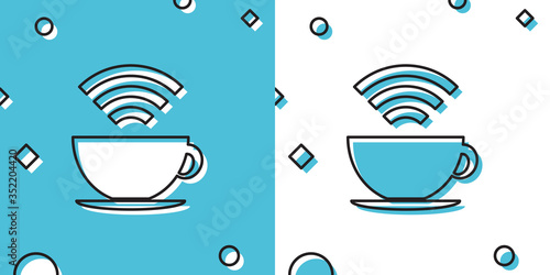 Black Cup of coffee shop with free wifi zone icon isolated on blue and white background. Internet connection placard. Random dynamic shapes. Vector Illustration