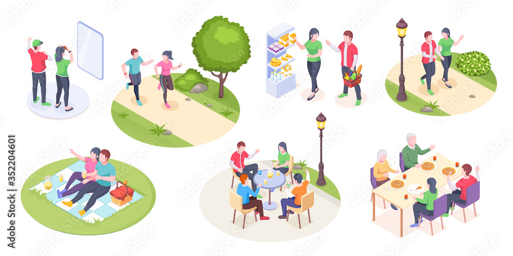 Couple daily life and outdoor leisure activity, vector isometric man and woman time together. Couple daily life dinner at cafe bar with family parents and friend, grocery shopping, picnic, run in park