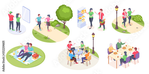 Couple daily life and outdoor leisure activity, vector isometric man and woman time together. Couple daily life dinner at cafe bar with family parents and friend, grocery shopping, picnic, run in park