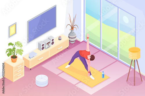 Yoga at home, man doing exercise in room, vector isometric illustration. Yoga sport and stretch workout or morning exercises in room, man in yoga pose on mat, home fitness and health activity