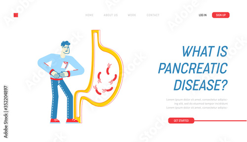 Gastroenterology Landing Page Template. Patient Character Touching Sick Belly Suffering of Stomach Ache, Helicobacter and Gastritis Disease. Stomachache, Abdominal Pain. Linear Vector Illustration
