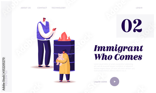 Homeless People Living on Street Lost Work Landing Page Template. Man and Girl at Metal Barrel with Burning Fire Warming Hands. Illegal Immigrants, Beggars Poor Characters. Cartoon Vector Illustration