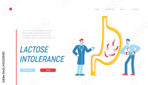Gastroenterology, Health and Healthcare Landing Page Template. Male Doctor Character and Man Patient Touching Painful Stomach Suffering from Stomachache Helicobacter. Linear People Vector Illustration