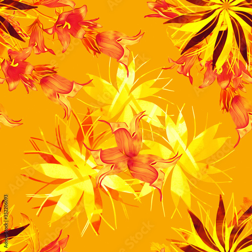 Bell flowers on abstract background, seamless pattern.