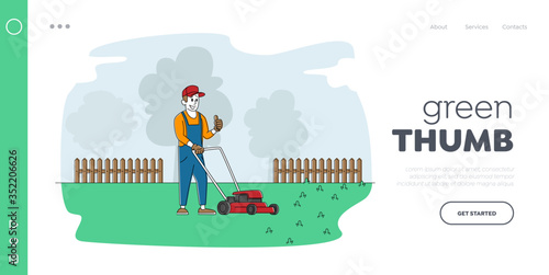 Caring of Home Backyard Cutting Trimming Grass Landing Page Template. Man Character Mow Lawn in Garden. Gardener, Cottager or Worker Use Lawn Mower Machine for Landscaping. Linear Vector Illustration