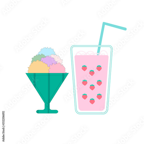 vector image of a bowl with three scoops of ice cream and a glass of strawberry milkshake