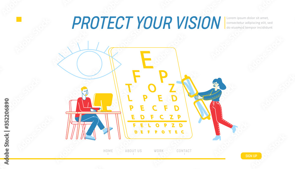 Myopia and Eyes Disease Landing Page Template. Male Character Sit at Desk Work on Computer in Office, Woman Carry Huge Eyeglasses at Vision Check Up Board, Nearsightedness. Linear Vector Illustration