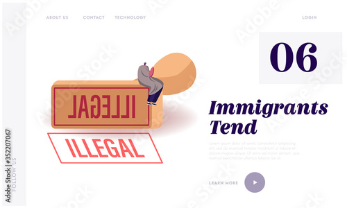 Illegal Immigrant Deportation, Immigration and Law Violation Landing Page Template. Male Character in Blanket with Hot Drink Cup in Hands Sitting on Huge Rubber Seal Stamp. Cartoon Vector Illustration