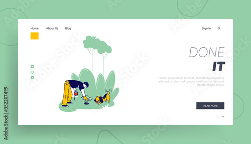 Man Follow Cleaning Rules while Walking Domestic Animal Landing Page Template. Dog Owner Character Remove Dog Shit from Ground in Park or House Yard Use Plastic Bag on Hand. Linear Vector Illustration