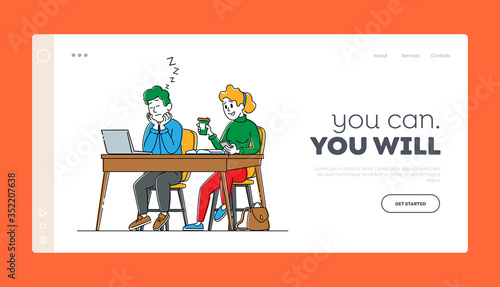 Students Sitting at Desks Landing Page Template. Male Character Sleeping, Girl Holding Coffee on Lecture in University. People Learning Seminar, Higher Education, Knowledge. Linear Vector Illustration