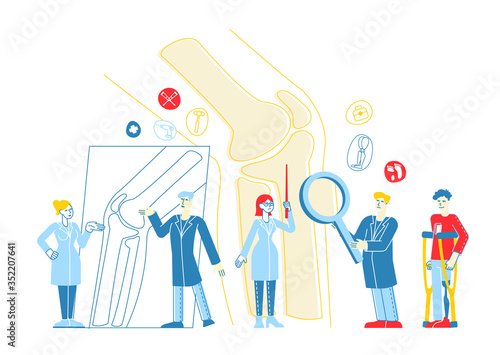 Orthopedics Medical Concilium, Healthcare Concept. Doctor Traumatologist Character. Look at X-ray Picture with Joint Disease Discuss Patient Treatment with Colleague. Linear People Vector Illustration