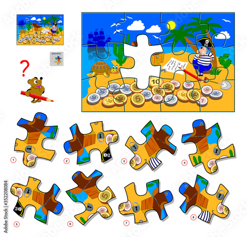 Logic puzzle game for children and adults. Find the missing piece of picture. Illustration of pirate on treasure island. Printable page for kids brain teaser book. IQ test. Flat cartoon vector.