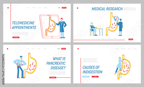 Stomach Abdominal Pain Landing Page Template Set. Gastrointestinal Indigestion Symptom, Helicobacter, Diarrhea, Constipation Disease, Illness Medicine Characters. Linear People Vector Illustration