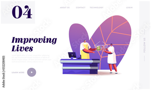 Woman Buying Food in Grocery Store Landing Page Template. Salesman Character at Cashier Desk Giving Cart with Products. Consumer Basket, Consumption Reducing, Cartoon People Vector Illustration