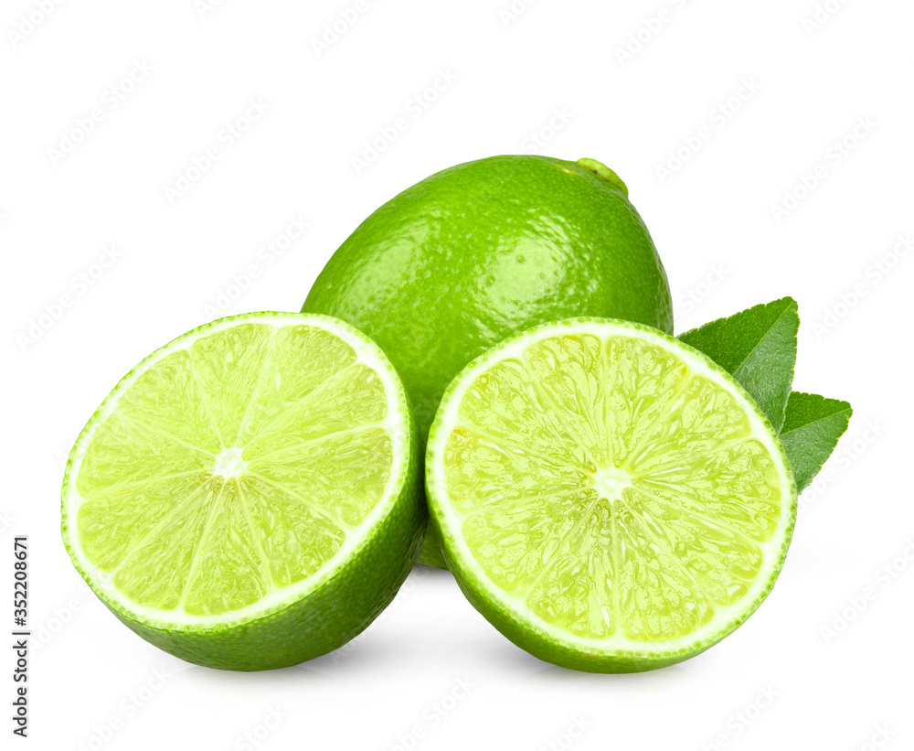 Lime. Fresh fruit with leaf isolated on white background.