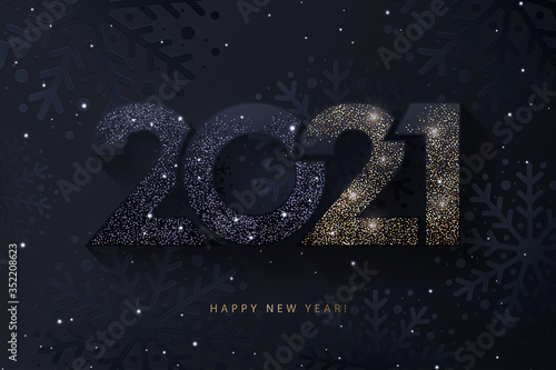 Happy New Year 2021 beautiful sparkling design of numbers on black background with texture of black snowflakes and shining falling snow. Trendy modern  winter banner, poster or greeting card template