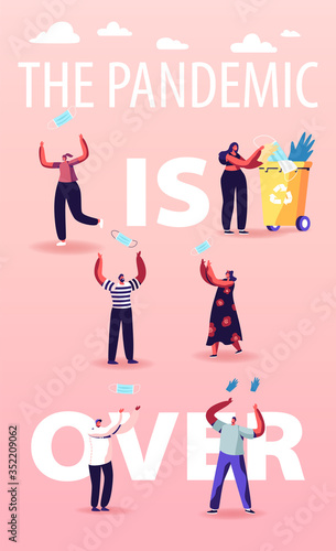 End Quarantine, Pandemic of Coronavirus Covid-19 Lockdown and Stay Home Time Concept. Characters Throw Out Masks. Happiness Feeling Emotions Poster Banner Flyer. Cartoon People Vector Illustration