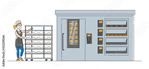 Baking Industry Plant Working Process. Baker Character in Robe Rolling Special Metal Trolley with Raw Bread Loafs to Put into Huge Oven for Baking, Factory Technologies. Linear Vector Illustration