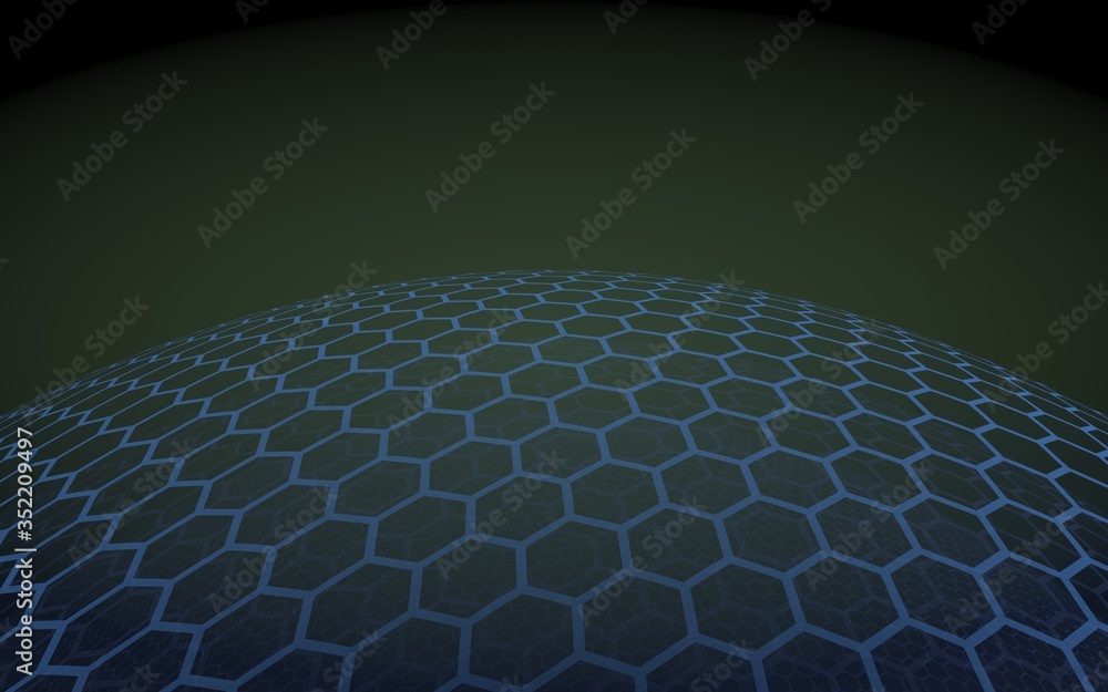 Fototapeta premium Multilayer sphere of honeycombs, blue on a black background, social network, computer network, technology, global network. 3D illustration