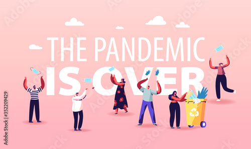 End Quarantine, Pandemic of Coronavirus Covid-19 Lockdown and Stay Home Time Concept. Characters Throw Out Masks. Happiness Feeling Emotions Poster Banner Flyer. Cartoon People Vector Illustration