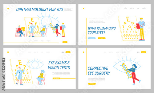 Professional Optician Exam Landing Page Template Set. Vision Treatment, . Ophthalmologist Doctor Character Check Eyesight for Eyeglasses. Oculist Checkup Eye Sight. Linear People Vector Illustration