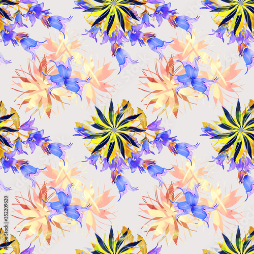 Bell flowers on abstract background  seamless pattern.