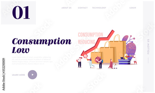 Saving Money Expenses Landing Page Template. Tiny Customers Characters Shifting Basket of Goods and Services Consumed from Higher-emitting to Lower-emitting Items. Cartoon People Vector Illustration