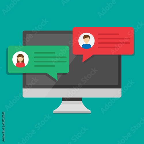 Computer online chat vector illustration, flat design of desktop pc with chatting bubble notifications, concept of people messaging on internet, on-line communication icon isolated