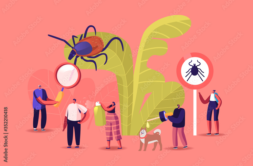Fototapeta premium Encephalitis Mite, Tick Bite Protection Concept. Characters Search Dangerous Insect. Mite Hid on Plant Leaf, People Spraying Insect Repellent on Skin and Dog Outdoor. Cartoon Vector Illustration