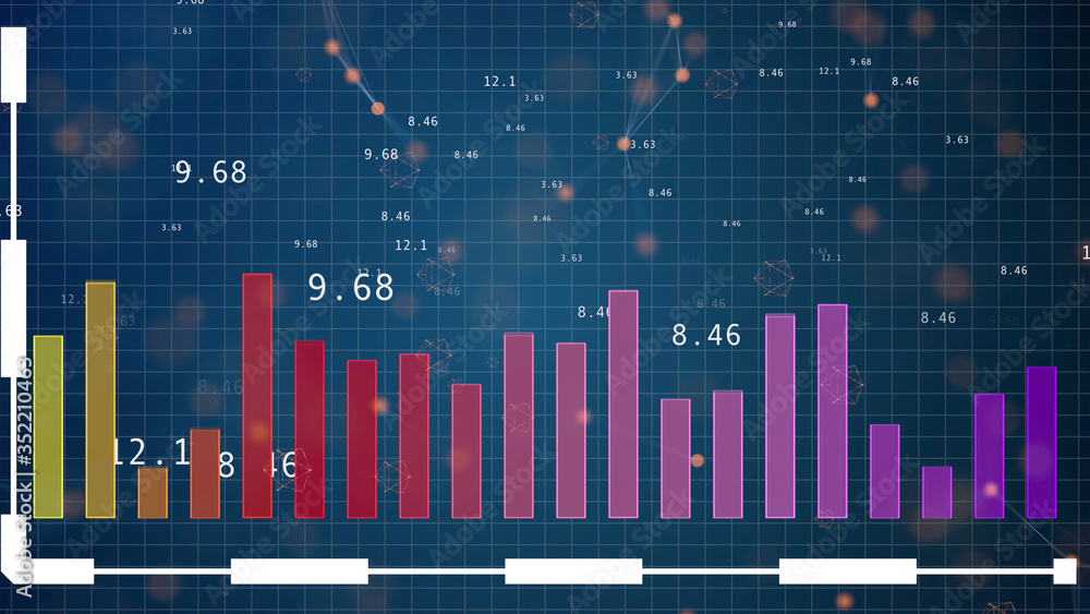Fototapeta premium HUD graph with rising up nd falling down candle bars diagram over digital blue background.