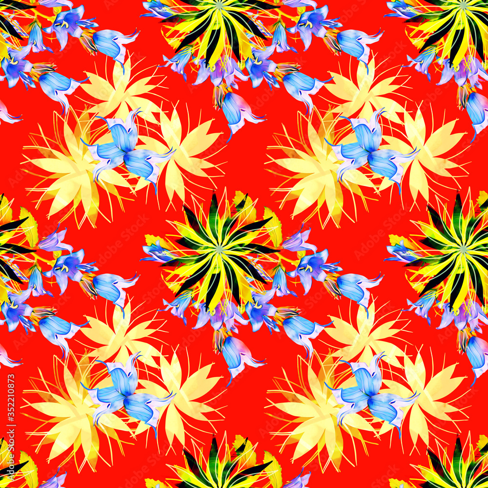 Bell flowers on abstract background, seamless pattern. Bell flowers on abstract background, seamless pattern.