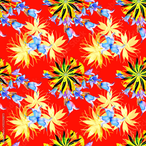 Bell flowers on abstract background, seamless pattern.