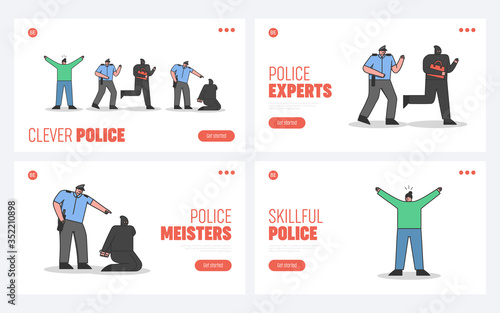 Police guard and security landing pages set. Constable chasing and arresting criminals