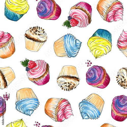 Pattern cupcakes, cream cupcakes painted in watercolor on a white background. Sketch food.