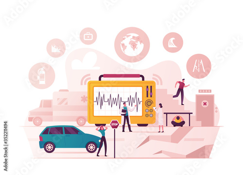 Earthquake Concept Characters Evacuating from Crashing Buildings, Hiding under Table, Scientists Learn Richter Scale Seismic Activity Diagram with Shaking Intensity. Cartoon People Vector Illustration