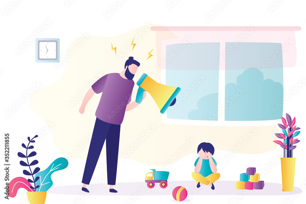 Child abuse. Parent abusing kid, father shouts in loudspeaker to unhappy son. Cartoon angry man scolds at crying boy. Child abuse. Parent abusing kid, father shouts in loudspeaker to unhappy son. Cartoon angry man scolds at crying boy.