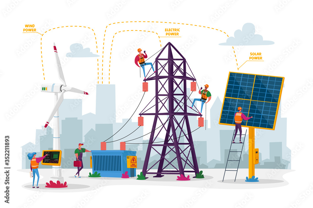 Sustainable Green Energy Development, Environmental and Ecology Protection Concept. New Technologies Integration, Solar Panels, Windmills, Electric Tower. Cartoon People Characters Vector Illustration