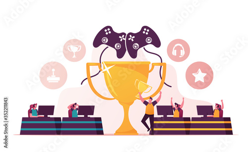 Tiny People Characters Team of Cybersport Players in Headsets Playing Electronic Game Online at Huge Cup Trophy. Cybersport, E-games Tournament, Top Esports Concept. Cartoon People Vector Illustration