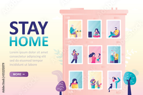Stay home landing page template. Building with windows. Various people in their apartments. Self-isolation or quarantine