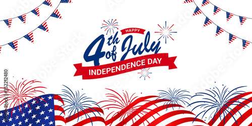 Happy 4th of July, USA Independence Day with waving American national flag & fireworks in the background, used for sale banner, discount banner, advertisement banner, etc.