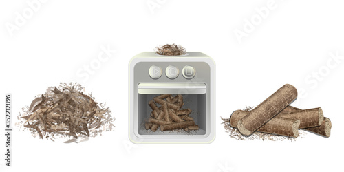 Waste compressed granules used as biofuel,  smell absorb etc. Wooden pellets.  Apparatus for pressed organic mass. Pellets Compressed Machine. Vector, EPS 10