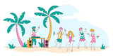 Tropical Beach Party with People Relaxing at Hot Summer Time. Young Men and Women Enjoying Dancing Activity at Sandy Seaside with Dj Playing Music. Young Characters Leisure. Linear Vector Illustration