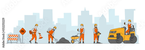 Road Repair with Construction Machines and Working People Characters. Rolling Heavy Vehicles Making Asphalt Maintenance. Machinery and Warning Traffic Cones Signs. Linear People Vector Illustration
