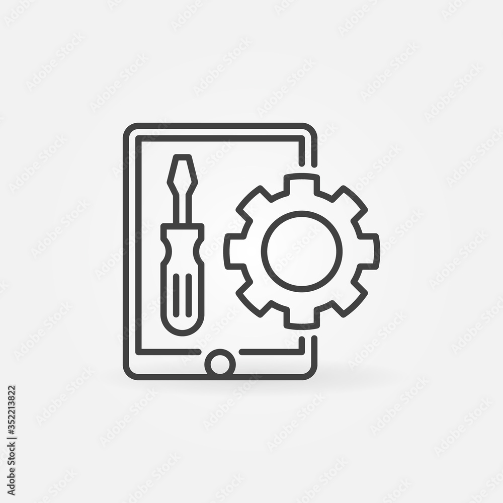 Tablet with Screwdriver and Gear outline vector concept icon or sign